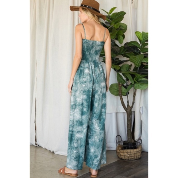 Green Tie Dye Wide Palazzo Flare Leg Smocked Bohemian Casual Jumpsuit w/ Pockets - Picture 13 of 13